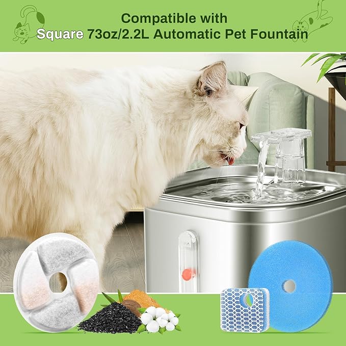 5 Pack Cat Fountain Filter Replacement for Square 2.2L/73oz Automatic Pet Water Fountain, Stainless Steel Cat Water Fountain Filters, Triple Filtration System, Activated Carbon Filters