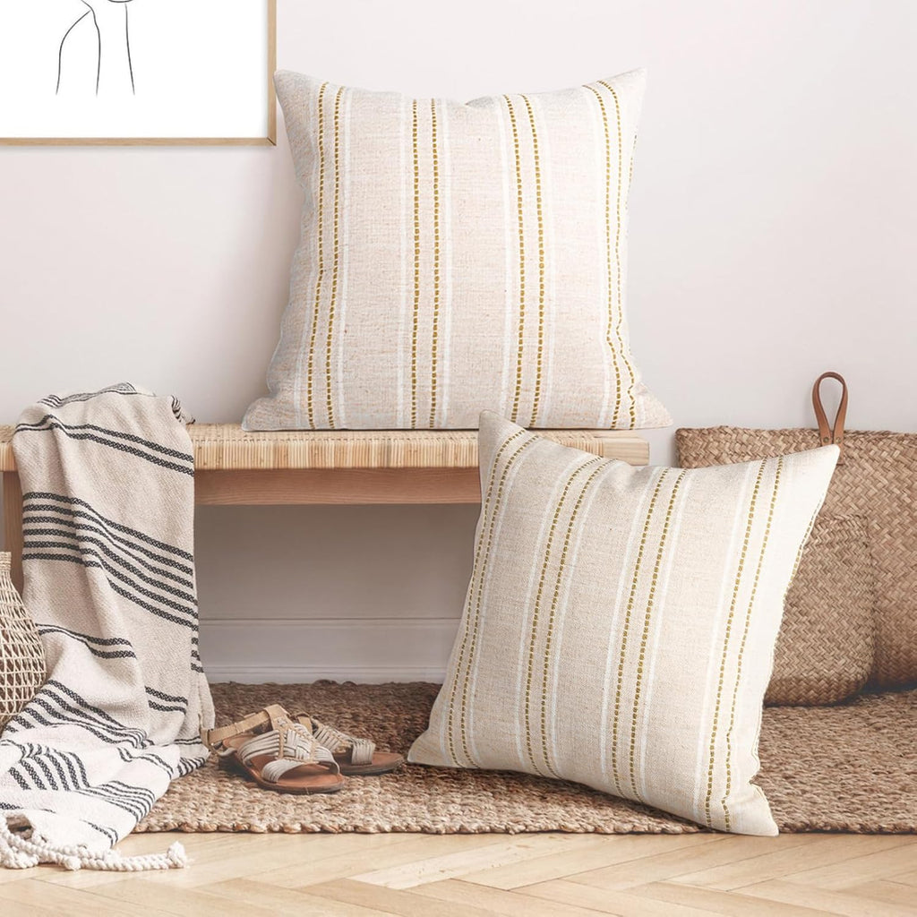 AELS 26x26 Decorative Farmhouse Linen Throw Pillow Covers, Boho Textured Pillow Case, Set of 2, Beige with White & Brown Stitch Yarn Dyed Stripe Cushion Cover for Sofa Couch Living Room (Cover ONLY)