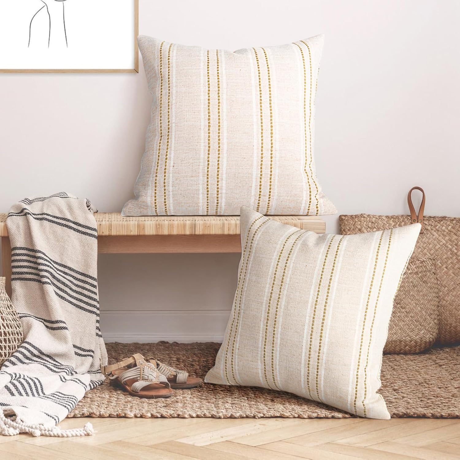 AELS 26x26 Decorative Farmhouse Linen Throw Pillow Covers, Boho Textured Pillow Case, Set of 2, Beige with White & Brown Stitch Yarn Dyed Stripe Cushion Cover for Sofa Couch Living Room (Cover ONLY)