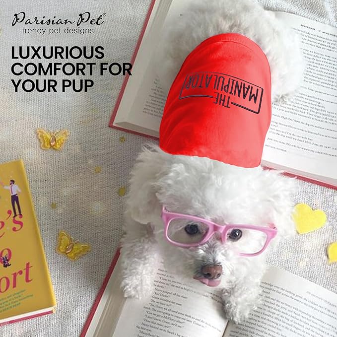 Parisian Pet Dog Tshirt - Embroidered “ Manipulator “ Tank Top - Breathable and Lightweight Dog Clothes - Sleeveless Red Tee Shirts - Machine Washable Shirt for Large Dogs - XL