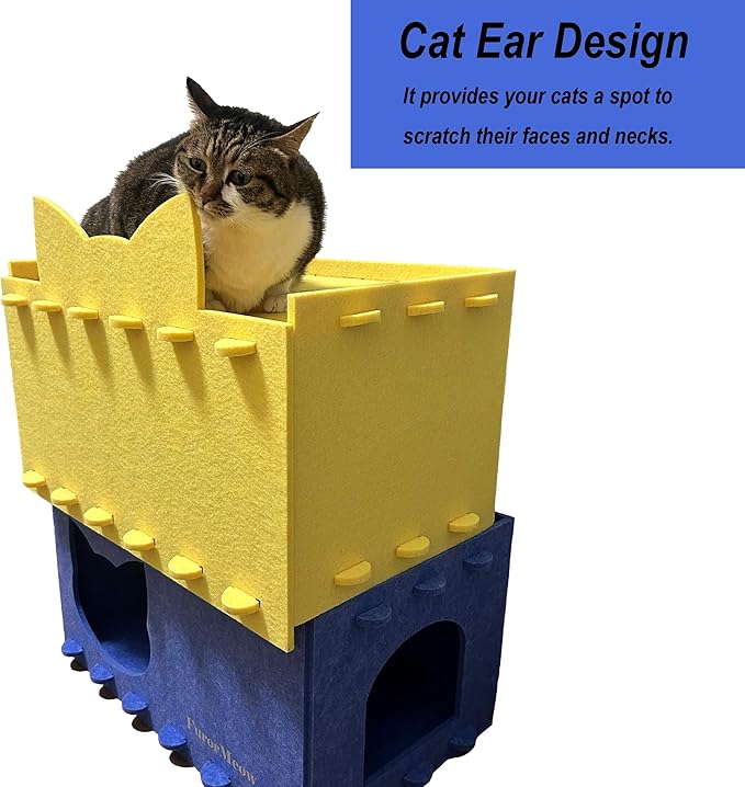 Cat House Cat Ear Design, Large Spacious Cozy Indoor Cat Bed Cave, Scratch Resistant Strong Thick Premium Felt Condo, Fun Hideaway for Multiple Cats, 21.5x13x11.6 inches (Blue)