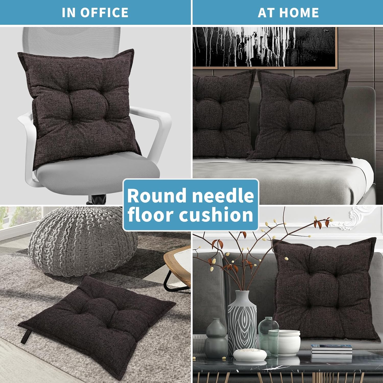 SINSOSSO Large Floor Pillows 22", Thickened Bite-Size Memory Foam Square Non-Slip Cushions for Office Back Support/Yoga/Chair Seat, Fashionable Color-Blocked Fabric & Washable, Dark Brown, 2 PCS