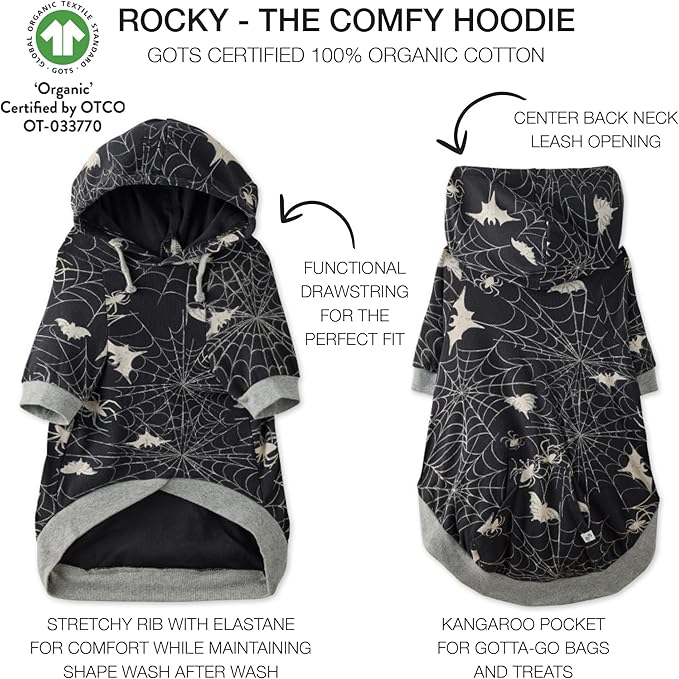 Rocky – The Orginal Lightweight Hooded TEE 100% Organic Cotton Dog Hoodie Pet Coat Sweater for Small, Medium, Large Dogs, Batty Black, XX-Small (4-7 lbs)