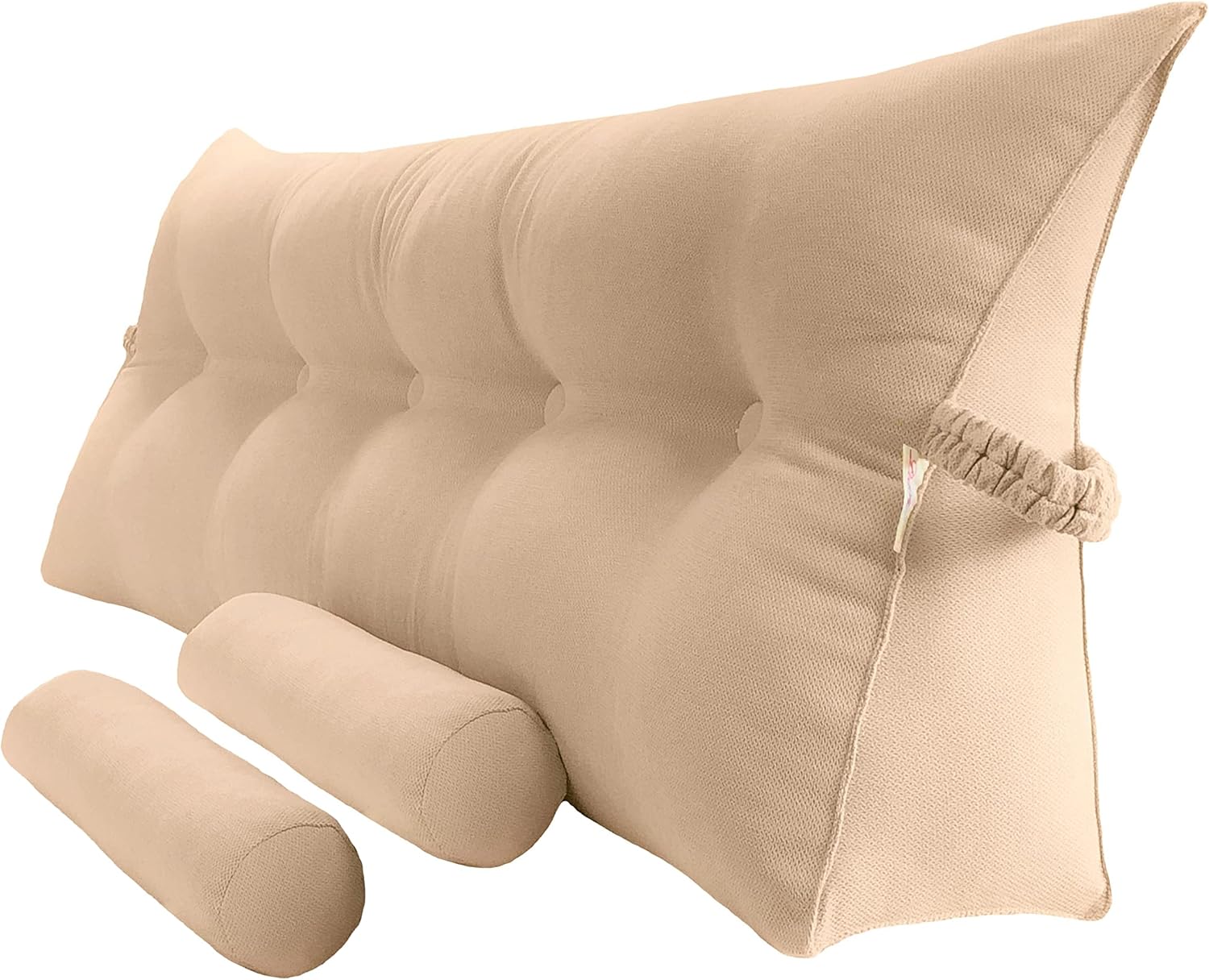 Triangular Reading Bed Rest Pillow Large Bolster Cushion Headboard Backrest Wedge Pillow with Two Detachable Roll Pillows for Neck & Lumbar Support (Champagne, Queen: 59 x 8 x 20 inches)