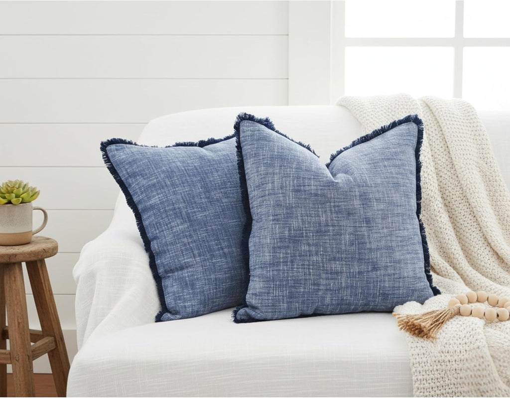 18×18 Blue Textured Cotton Throw Pillow Covers with Decorative Fringe Boho Farmhouse Cushion Cover with Tassels Linen Like Accent Pillowcases for Bed Couch Chair Sofa Living Room, Set of 2