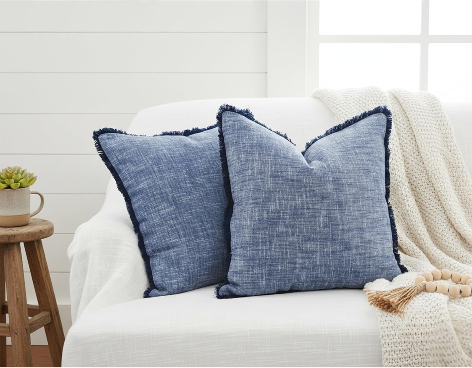 18×18 Blue Textured Cotton Throw Pillow Covers with Decorative Fringe Boho Farmhouse Cushion Cover with Tassels Linen Like Accent Pillowcases for Bed Couch Chair Sofa Living Room, Set of 2