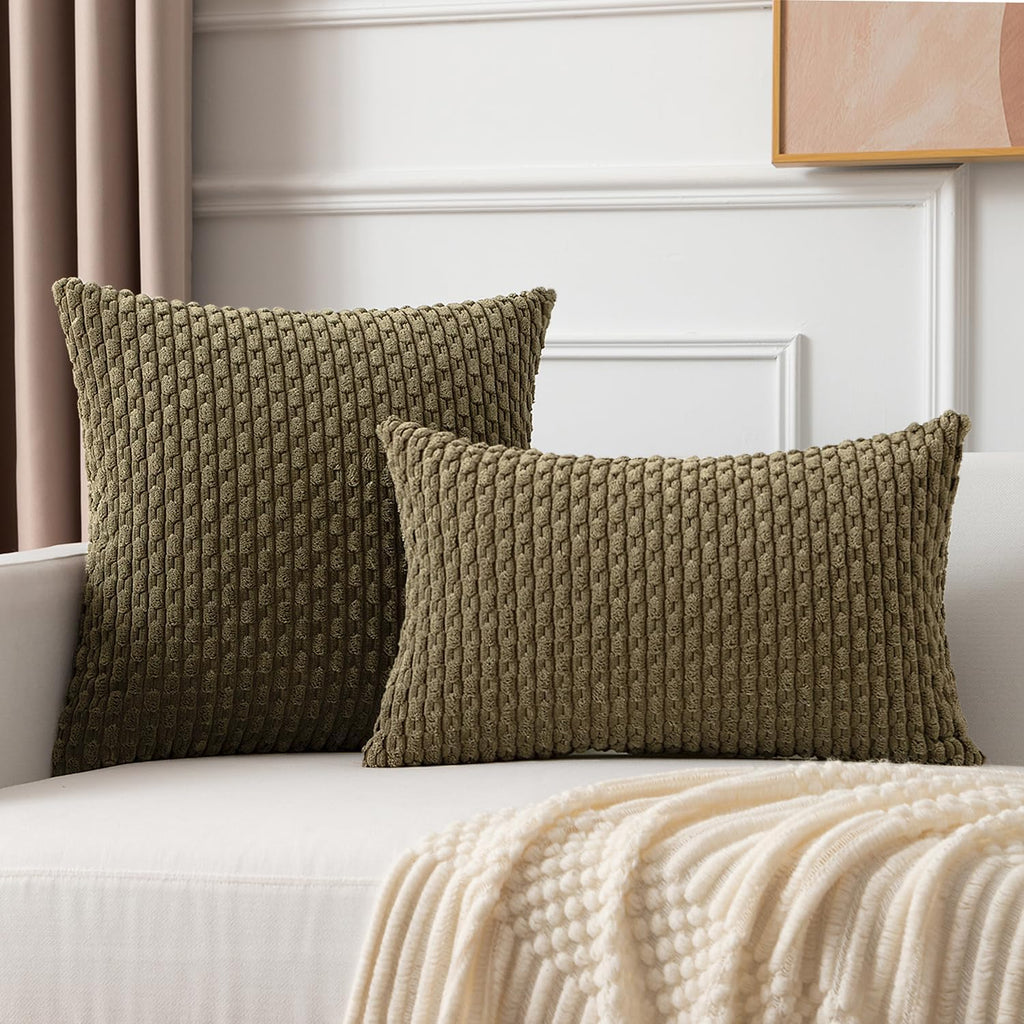 Kevin Textile 12x24 Inch Pillow Cover 1 Pack Boho Decorative Soft Striped Corduroy Lumbar Farmhouse Color Accent Rectangle Cushion Case for Living Room Couch Sofa Bed, Olive Green