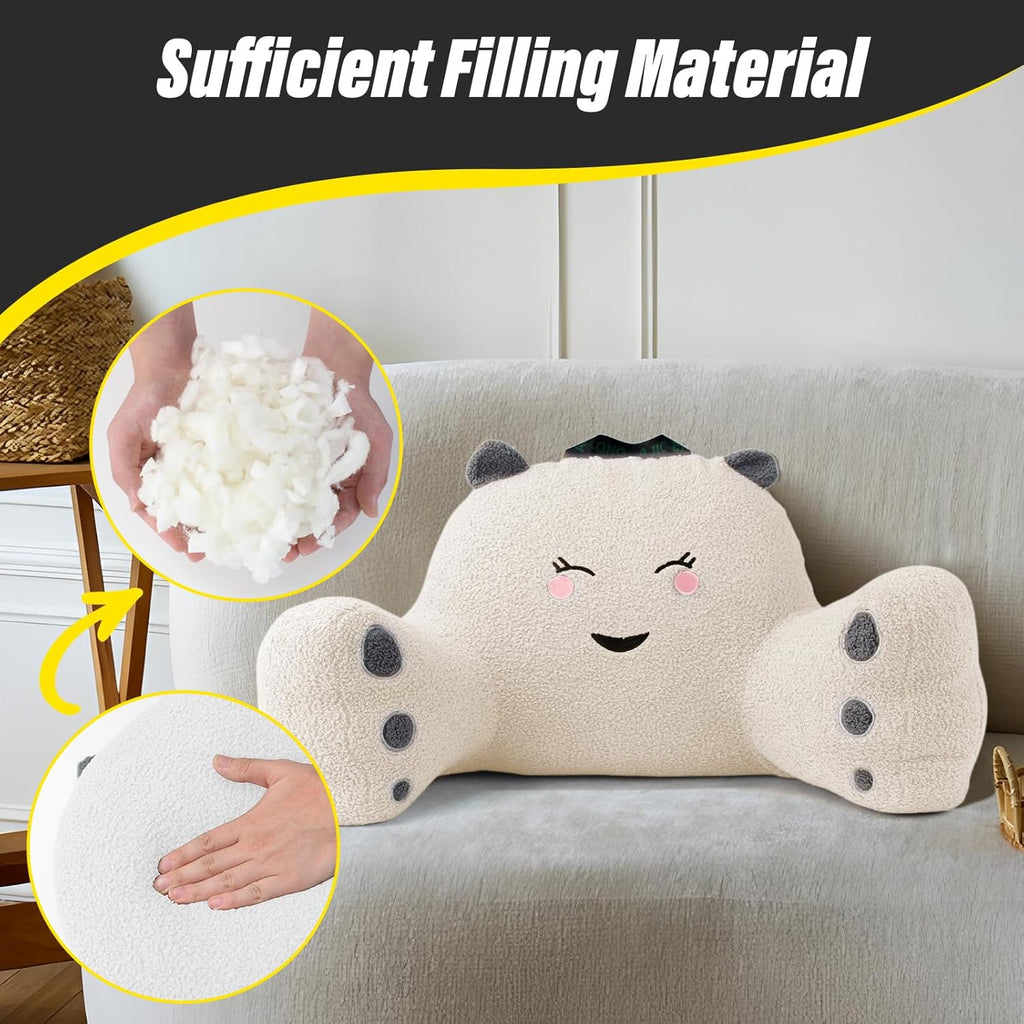 Reading Pillow for Sitting in Bed Couch Teens/Adult, Back Rest Pillow for Sitting Up in Bed with Shredded Memory Foam, Includes Arms and Washable Cover (White)