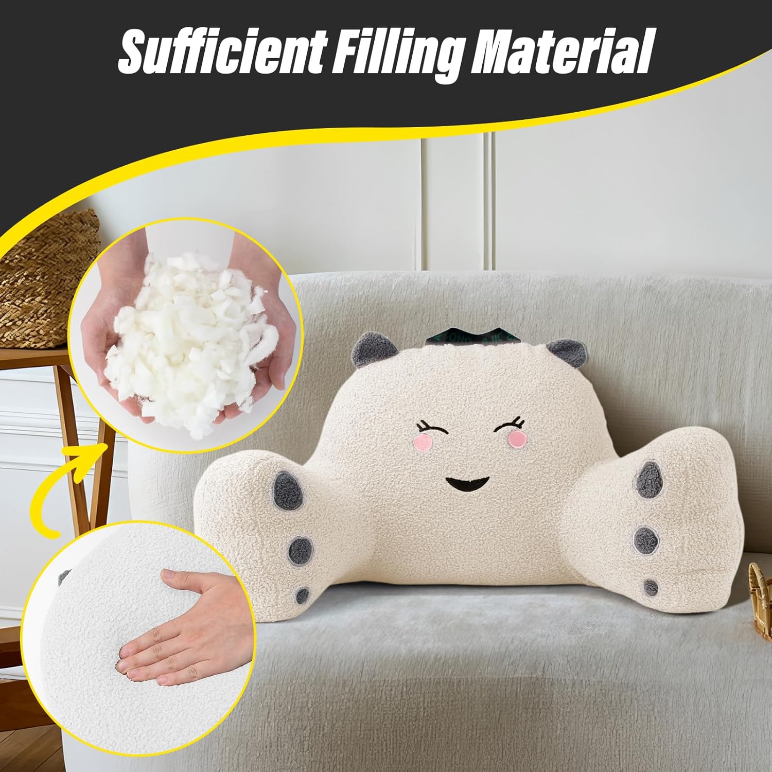 Reading Pillow for Sitting in Bed Couch Teens/Adult, Back Rest Pillow for Sitting Up in Bed with Shredded Memory Foam, Includes Arms and Washable Cover (White)