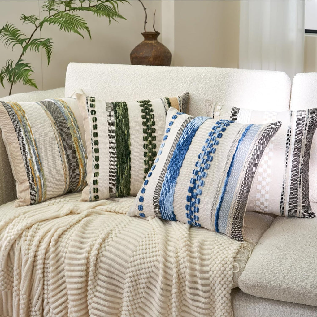 Aeckself Boho Throw Pillow Covers 18x18 Inch Set of 2, Farmhouse Decorative Striped Square Pillow Covers Chenille Tufted Pillow Cases Accent Neutral Pillowcase for Living Room Couch Bed, Dark Green