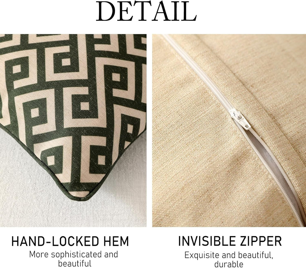 ISAENNE Design Linen Classic Vintage Throw Pillow Covers 18"x18", Minimalist Square Cushion Covers with Green Irregular Plaid Pattern Decor Pillowcases for Bed,Living Room,Outdoor,Car