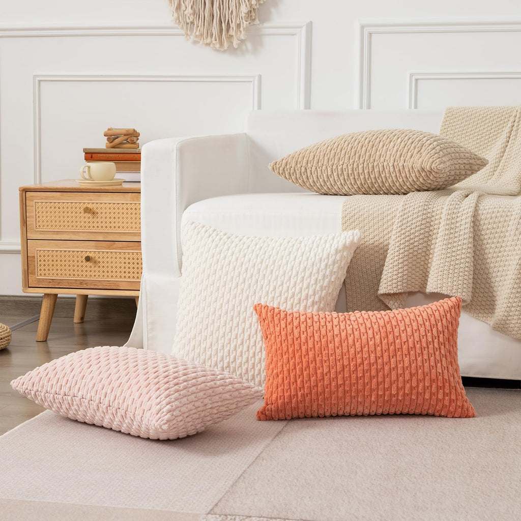 Kevin Textile Valentines Day 12x24 Inch Pillow Cover 1 Pack Boho Decorative Soft Striped Corduroy Lumbar Farmhouse Accent Rectangle Cushion Case for Living Room Couch Sofa Bed, Light Pink