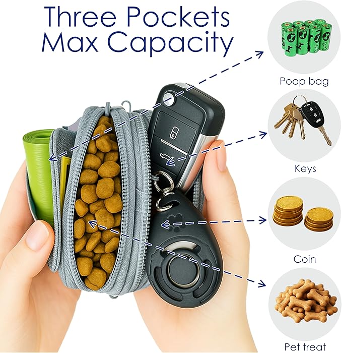 Dog Treat Pouch for Pet Walking and Training with Clicker Poop Bags and Three Bags Design Small Fanny Zipper Pack Holder for Puppy Snack Dispenser Kit for Leash and Outdoor Use (Gray)