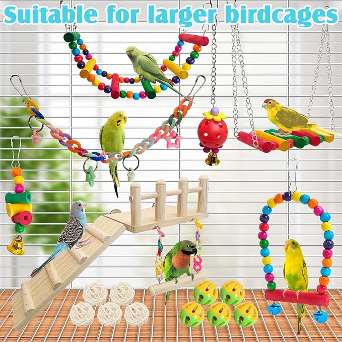 Hamiledyi 17Pcs Parrot Swing Toys Perches Platform with Bird Climbing Ladder Chewing Hanging Standing Colorful Toys Cage Accessories for Parakeet, Conure, Finch, Lovebirds, Budgie, Canary