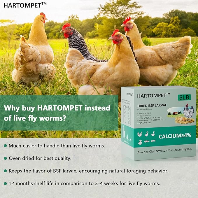 HARTOMPET Better Than Dried Mealworms for Chickens 5 lbs - 85X Calcium Than MealWorms - Non-GMO Chicken Feed Additive - Black Soldier Fly Larvae Treats for Hens, Ducks, Wild Birds