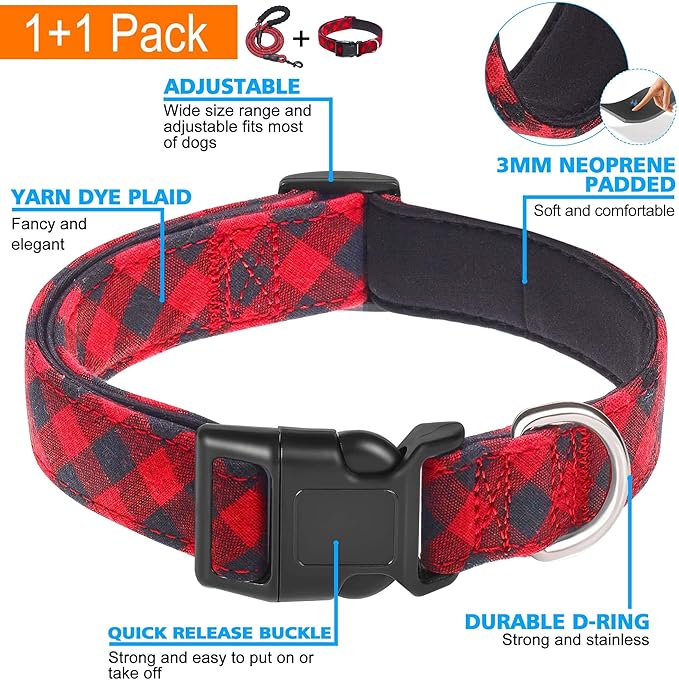 Reflective Dog Collar Padded with Soft Neoprene Breathable Adjustable Nylon Dog Collars for Small Medium Large Dogs (X-Small (Pack of 1), Red Plaid Collar+Leash)