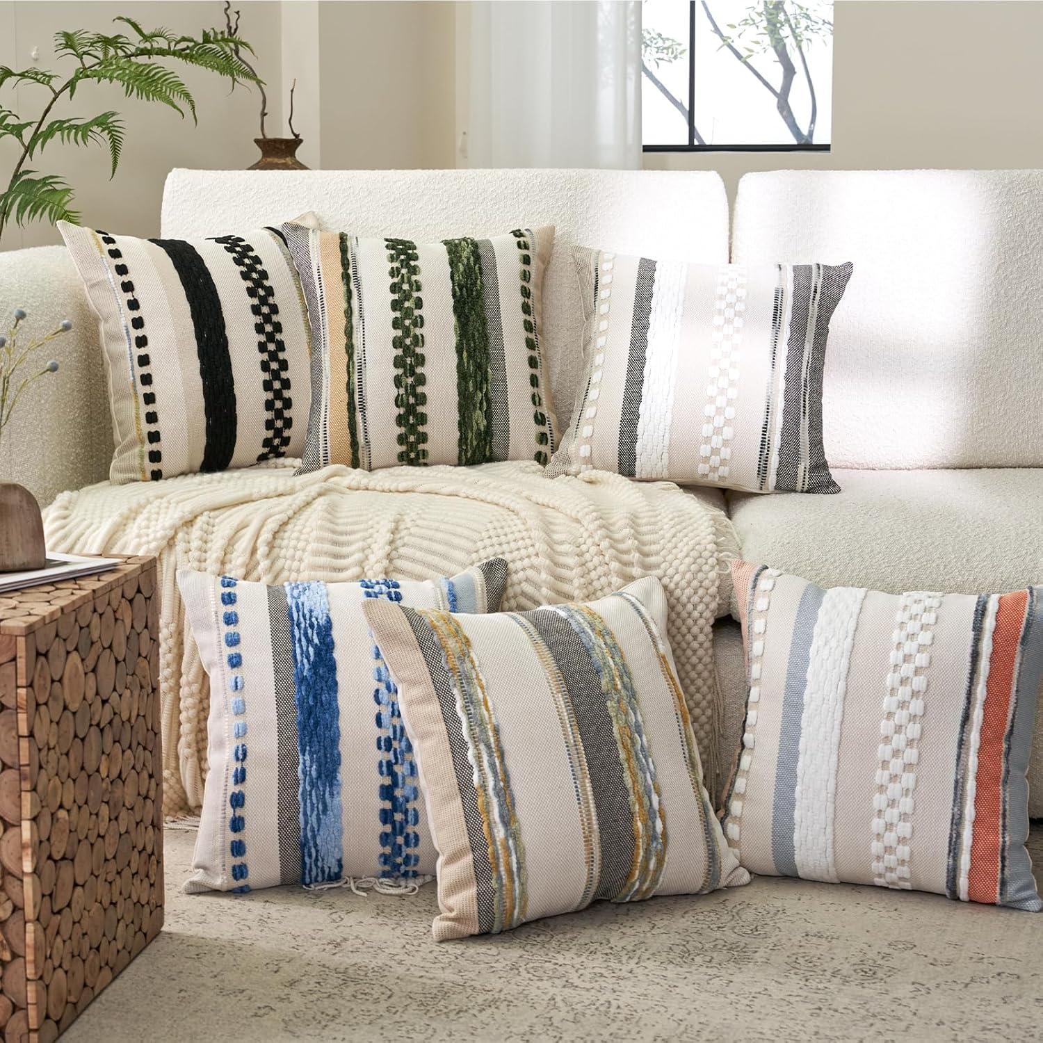 Aeckself Boho Throw Pillow Covers 18x18 Inch Set of 2, Farmhouse Decorative Striped Square Pillow Covers Chenille Tufted Pillow Cases Accent Neutral Pillowcase for Living Room Couch Bed, Sky Blue