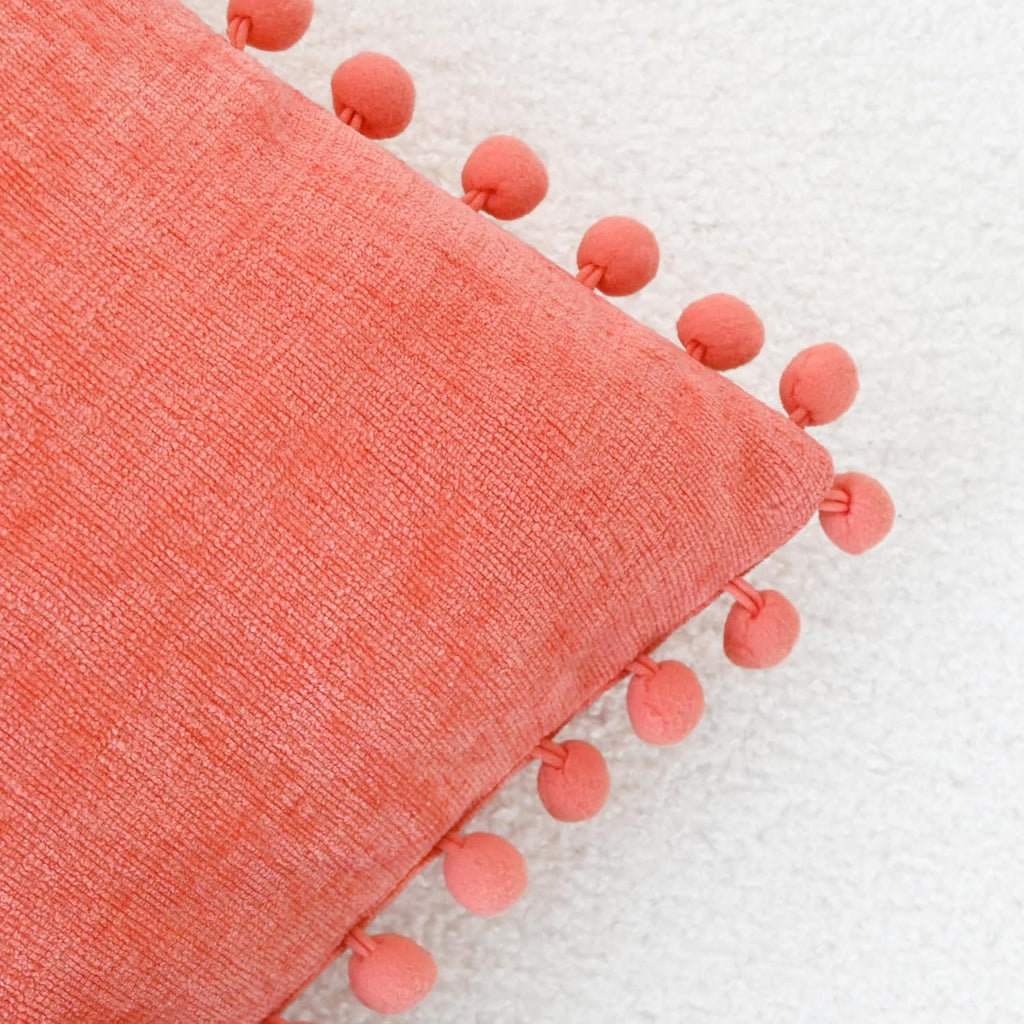 CaliTime Throw Pillow Covers Decorative 22 X 22 Inches Pack of 2 Cozy Solid Dyed Soft Chenille Cushion Cases with Pom Poms for Couch Sofa Bed Living Room Home Living Coral