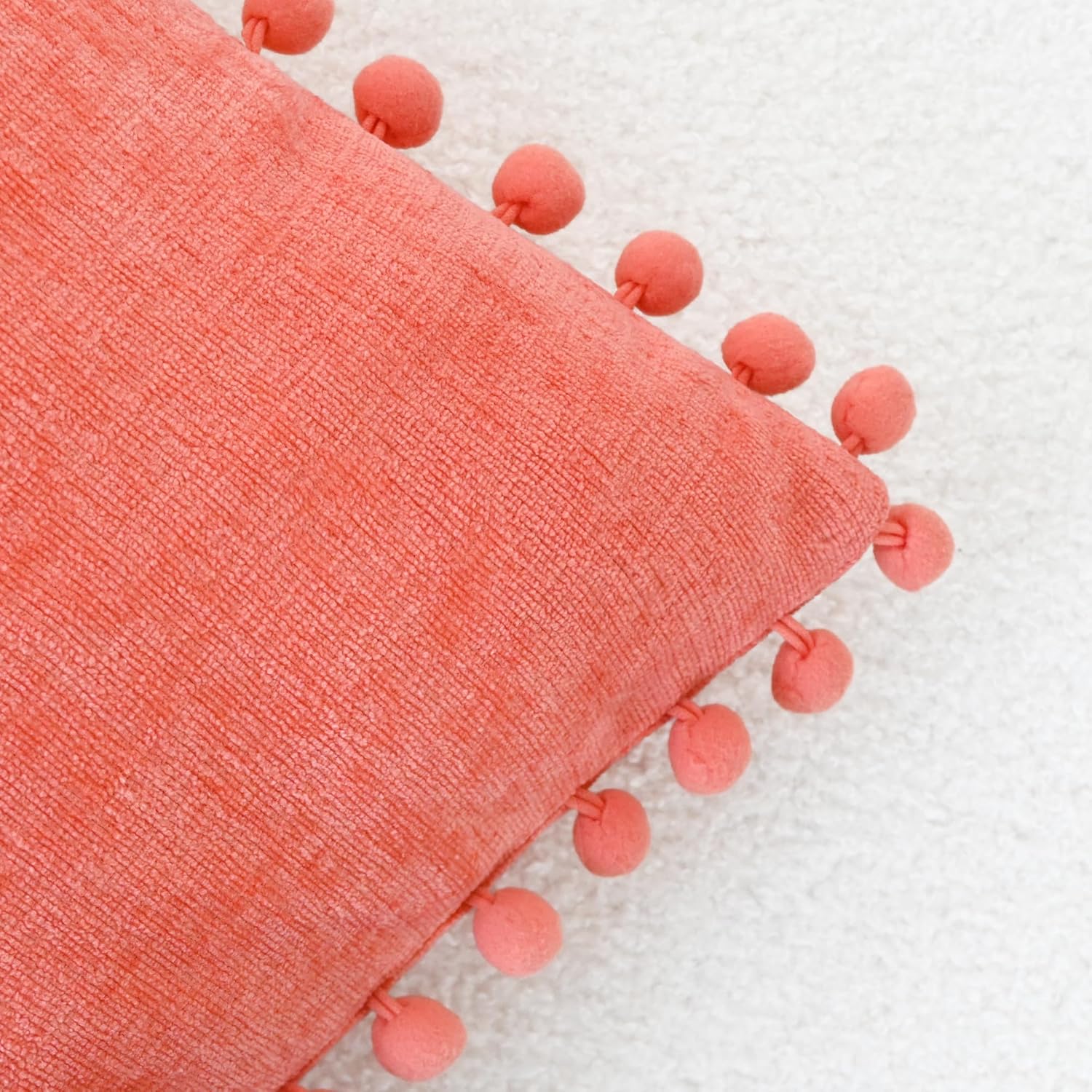 CaliTime Throw Pillow Covers Decorative 22 X 22 Inches Pack of 2 Cozy Solid Dyed Soft Chenille Cushion Cases with Pom Poms for Couch Sofa Bed Living Room Home Living Coral