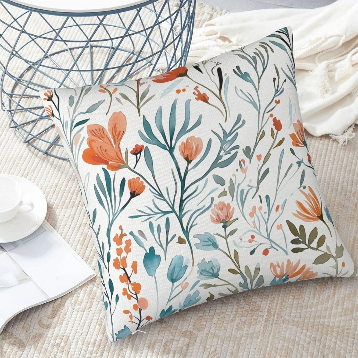 Turquoise Orange Floral Throw Pillow Covers 18x18 in Set of 2 Decorative Teal Orange Flower Square Pillowcase Pillowcovers for Couch Living Room Sofa Bedroom
