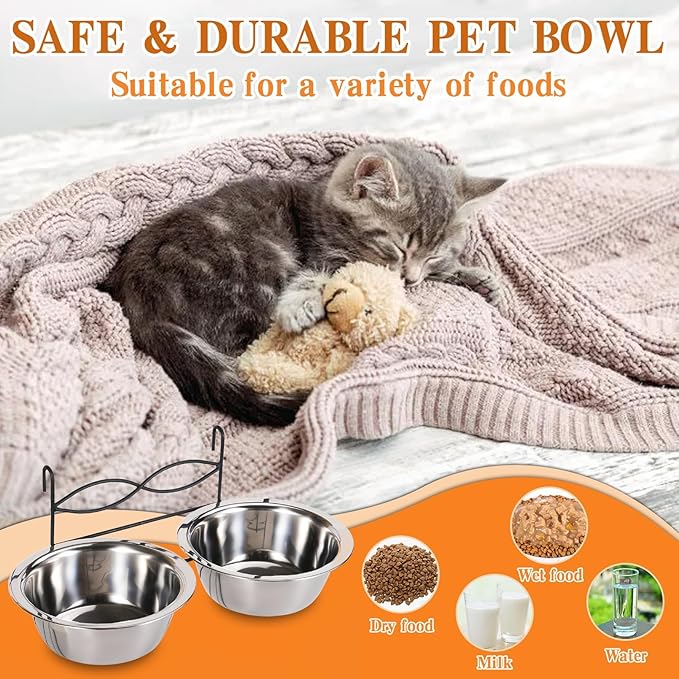 kathson Hanging Bird Bowls for Cage, 2 PCS Stainless Steel Metal Pet Food Water Dishes with Holder Feeder Cage Coop Hook Feeder Cups for Birds, Parrots, Small Sized Dogs and Cats(5.1 Inch Dia)