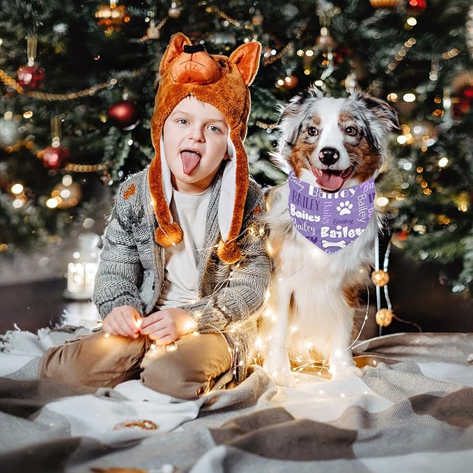 Personalized Dog Bandanas Custom Neckwear Name Button Anti-loosening Dog Scarf Triangle Bibs Kerchief Pet Costume Accessories for Medium Large Dogs Cats Pets Birthday-Purple