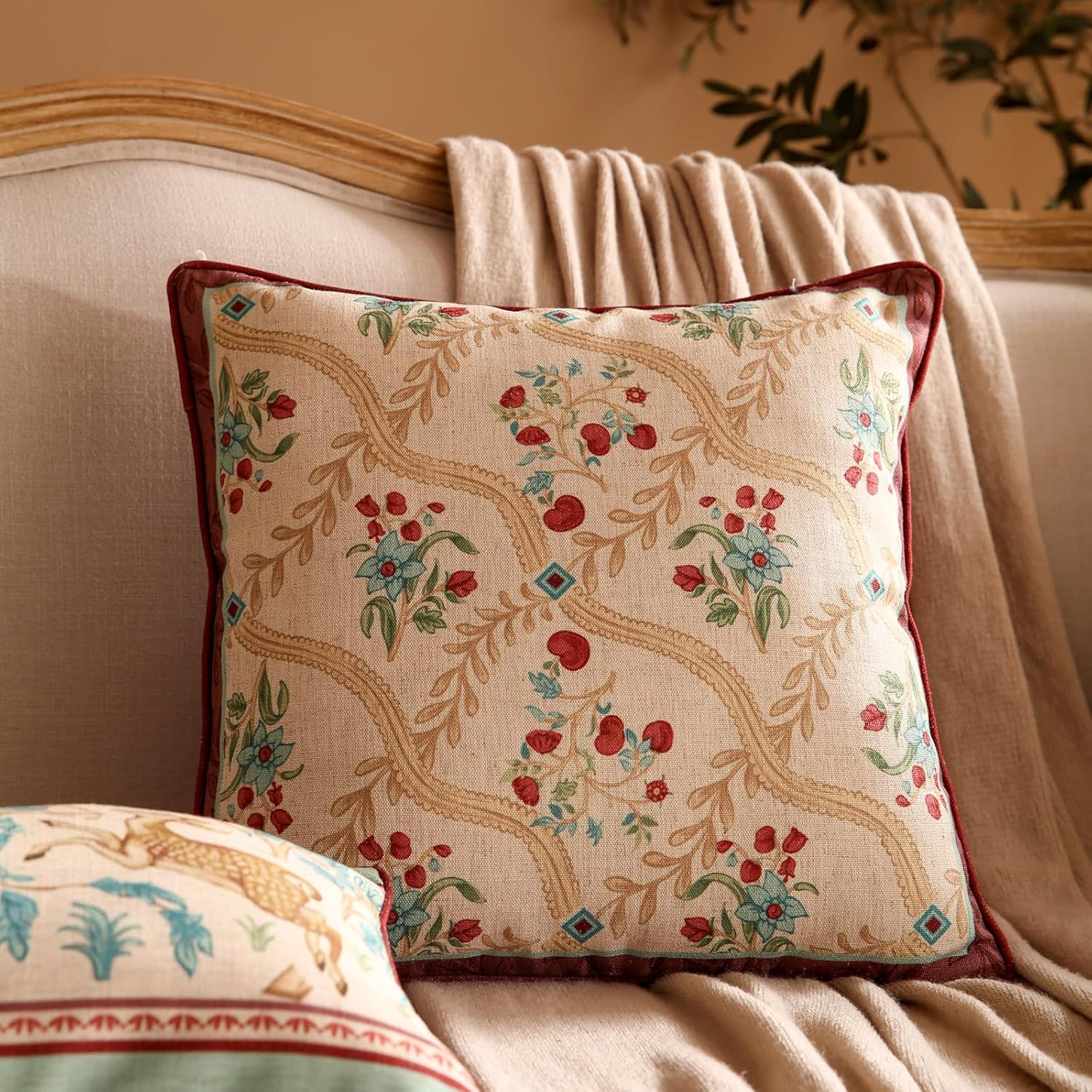 patdrea Designer Pack of 2 Square Throw Pillow Covers,Farmhouse Vintage Linen with Beige Ancient Idyll Pattern Pillows Cover,Decorative Pillowcases Cushion for Bed Living Room Outdoor Car,18"x18"