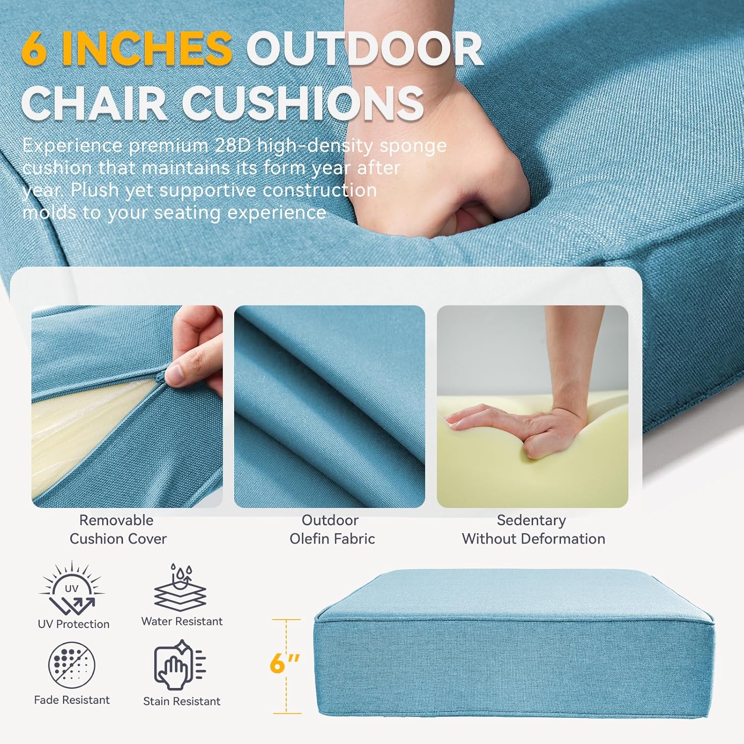 6" Thick Outdoor Chair Cushions - 22"* 24" Patio Furniture Cushions with Water Resistant & Removable Cover, 28D High Density Sponge Patio Cushion for Outdoor Furniture Couch Chair Light Blue