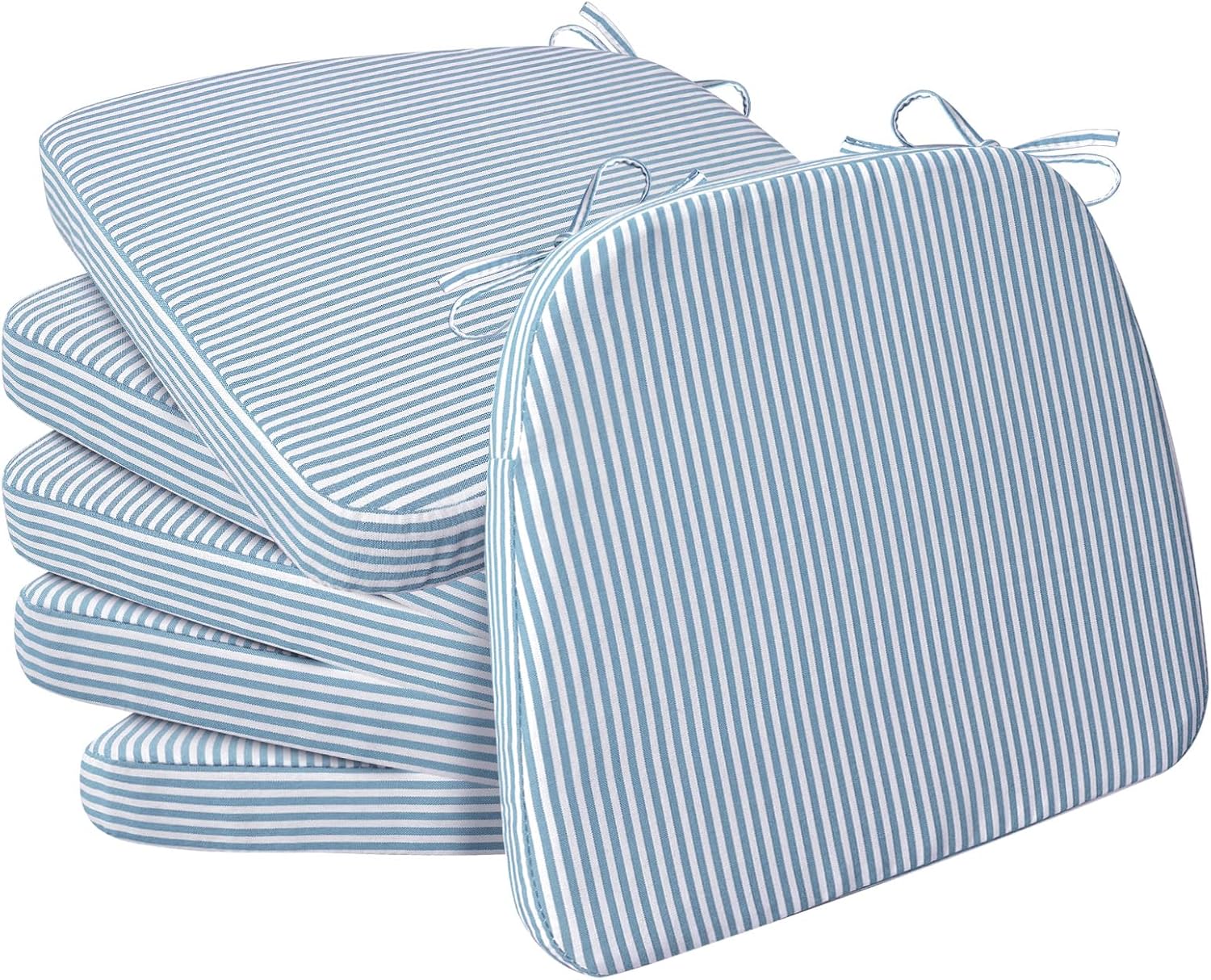 AAAAAcessories D-Shaped Chair Cushions, 2" Thick Dining Chair Pads with Ties and Removable, Machine-Washable Cover, 17" x 16", Set of 6, Pinstripe Blue