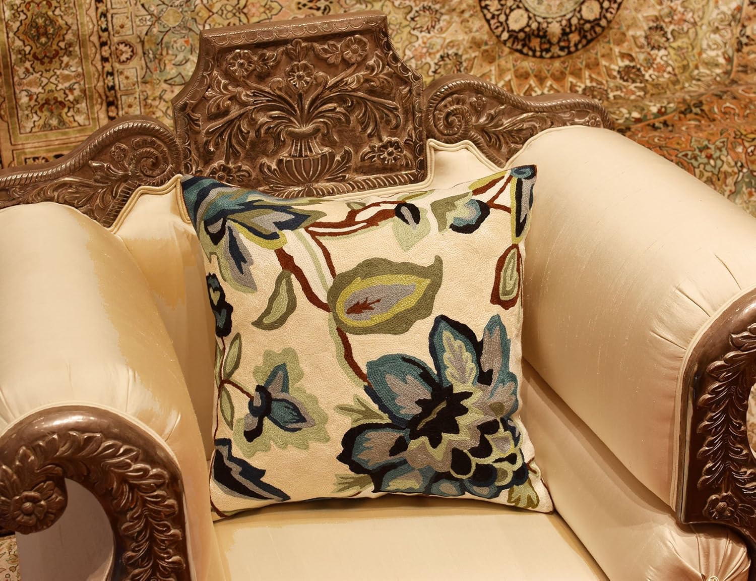 Modern Cream Decorative Floral Pillow Cover Needlepoint White Flower Hand Embroidered Pillowcase Flowery Outdoor Suzani Accent Cushion Boho Chair Modern Chair Pillowsham Wool Size 18x18
