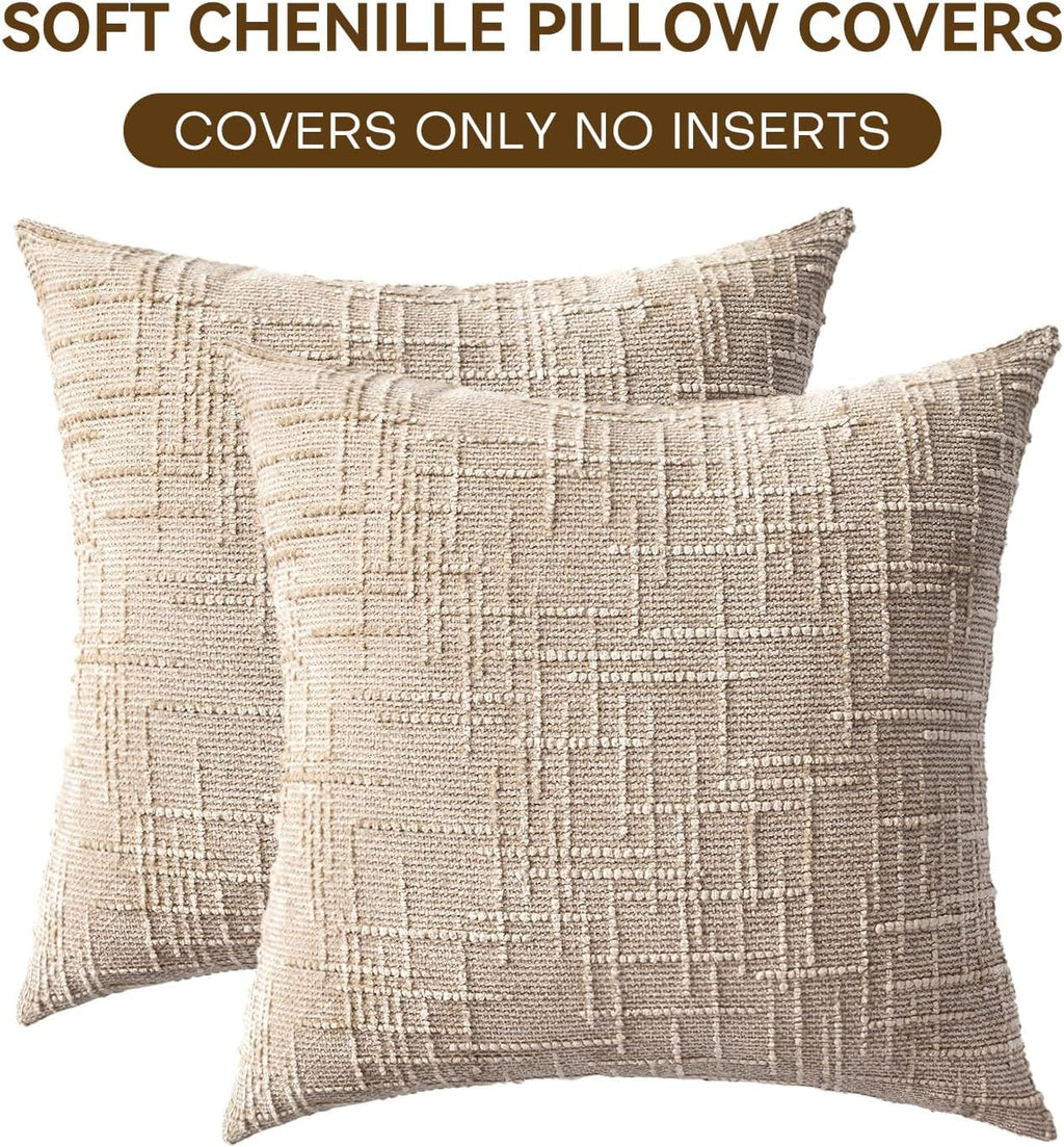 Decorative Throw Pillow Covers 18x18 Inch Set of 2, Soft Solid Farmhouse Chenille Couch Pillows, Spring Pillow Covers for Couch Sofa Bed Living Room Home Decor Pillowcase, Light Khaki