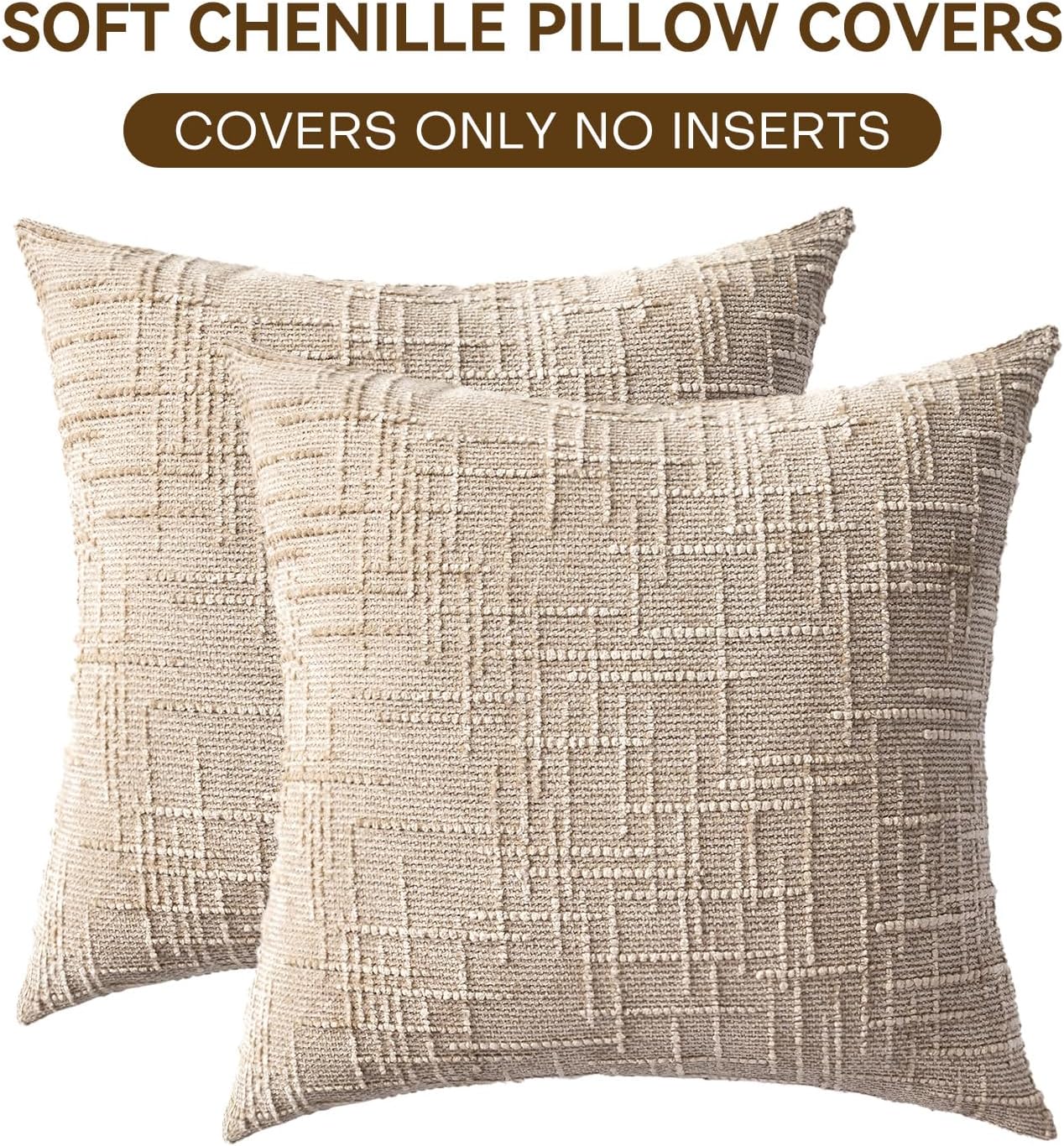 Decorative Throw Pillow Covers 22x22 Inch Set of 2, Soft Solid Farmhouse Chenille Couch Pillows, Spring Pillow Covers for Couch Sofa Bed Living Room Home Decor Pillowcase, Light Khaki