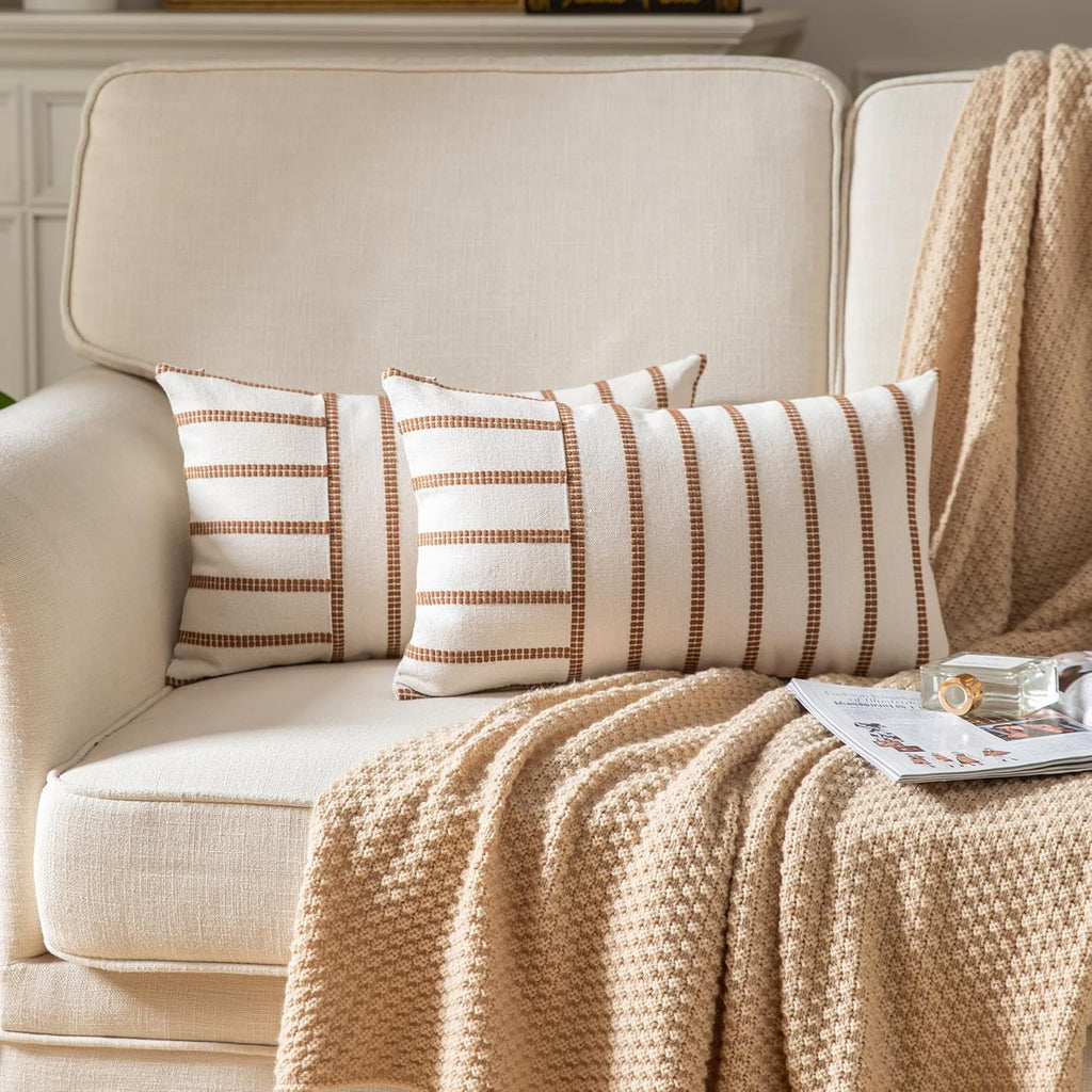 Caflife Boho Throw Pillow Covers 12x20 Set of 2 Soft Farmhouse Decorative Couch Pillow Cases Brown Striped Pillow Covers Neutral Cushion Covers for Sofa Bed Living Room Home Decor
