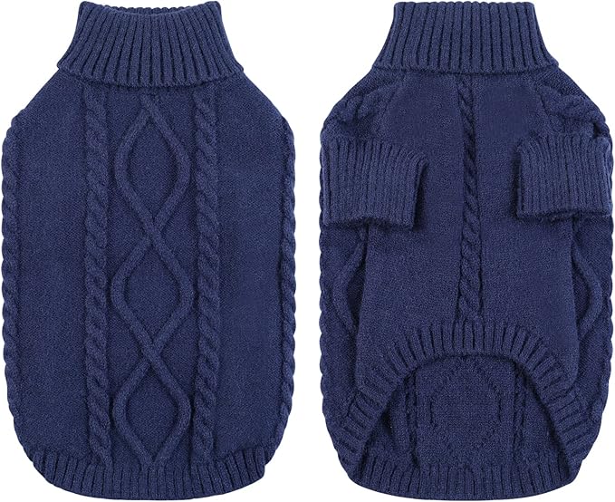 Queenmore Small Dog Pullover Sweater, Cold Weather Cable Knitwear, Classic Turtleneck Thick Warm Clothes for Chihuahua, Bulldog, Dachshund, Pug (Dark Navy, Medium)