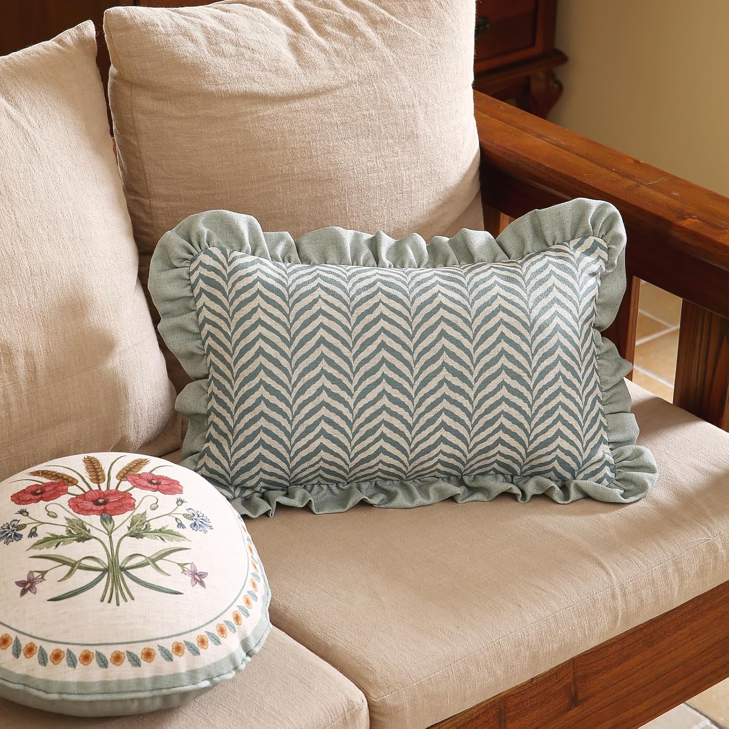 ISAENNE Design Linen Throw Pillow Covers 12"x20", Rectangle Minimalist Cushion Covers with Powder Blue Chevron Leaves Pattern Decoration Pillowcases for Bed,Living Room,Outdoor,Car