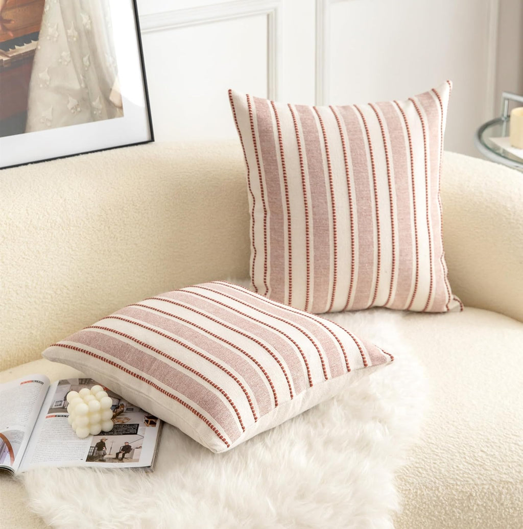 Decorative Boho Throw Pillow Covers, Farmhouse Textured Pillow Case, 18 x 18 Inch Set of 2, Chair Sofa Bedroom Living Room Home Decor Couch Cushion Case, Rust and Beige Striped