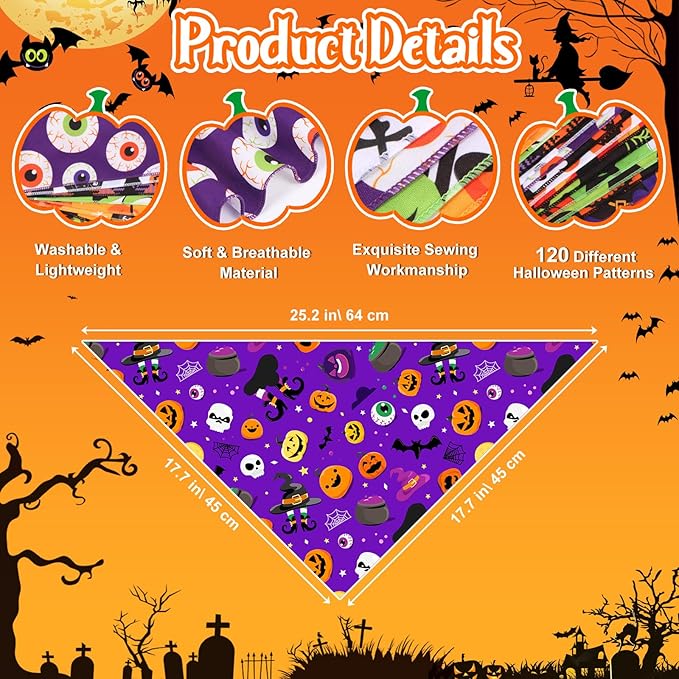 120Pcs Halloween Dog Bandanas Bulk Adjustable Dog Scarves Bibs Pumpkin Bat Ghost Puppy Bandanas Pet Neckerchief Washable Holiday Halloween Bandanas for Small Medium Large Dog Pet Grooming Accessories