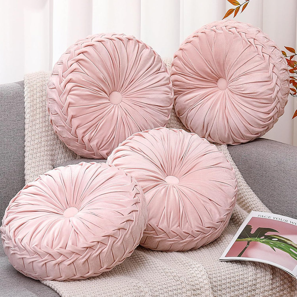 4 Pcs Round Throw Pillows 15 Inch Decorative Velvet Pleated Pumpkin Floor Boho Pillows for Living Room Couch Chair Bed Sofa (Light Pink)
