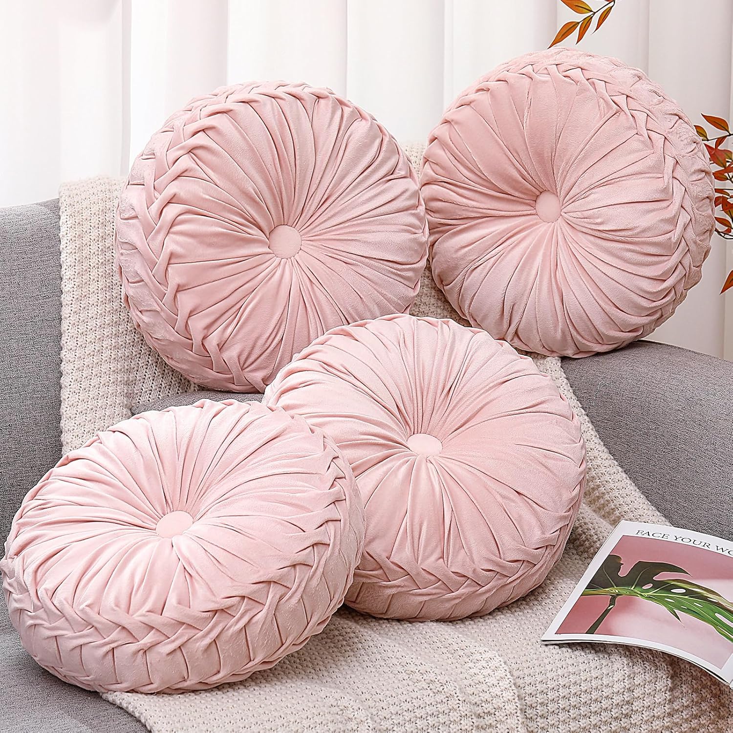 4 Pcs Round Throw Pillows 15 Inch Decorative Velvet Pleated Pumpkin Floor Boho Pillows for Living Room Couch Chair Bed Sofa (Light Pink)