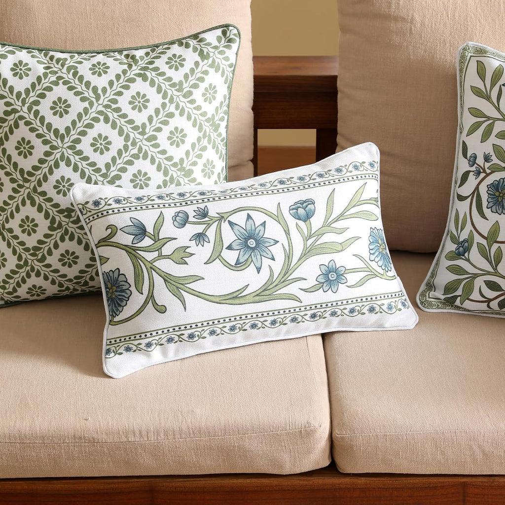 ISAENNE Design Fresh Linen Lumbar Throw Pillow Covers 12"x20", French White Cottage Cushion Covers with Green Branches Pattern Decoration Pillowcases for Bed,Living Room,Outdoor,Car