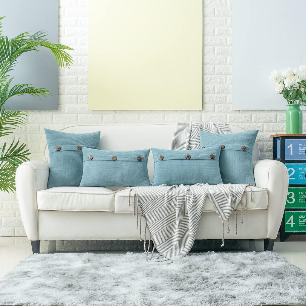 HWY 50 Light Blue Chenille Throw Pillow Covers 18x18 Inch with Triple Buttons, Soft Farmhouse Accent Decorative Cushion Cases for Couch Sofa Bed Living Room Pack of 2