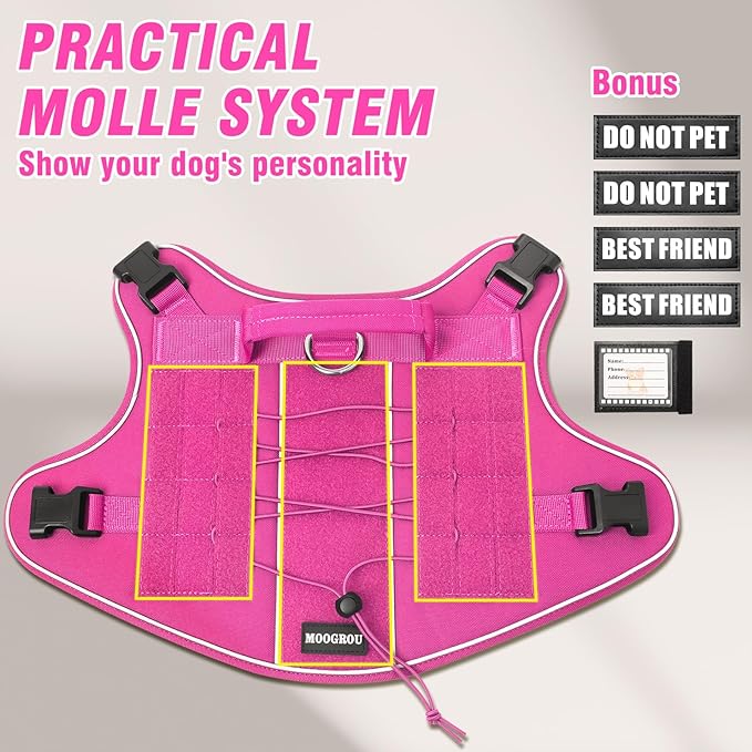 Tactical Dog Harness Medium Sized Dog,No Pull Military Dog Vest with Handle,Reflective Heavy Duty Pet Harness for Walking Hiking Training Pink M