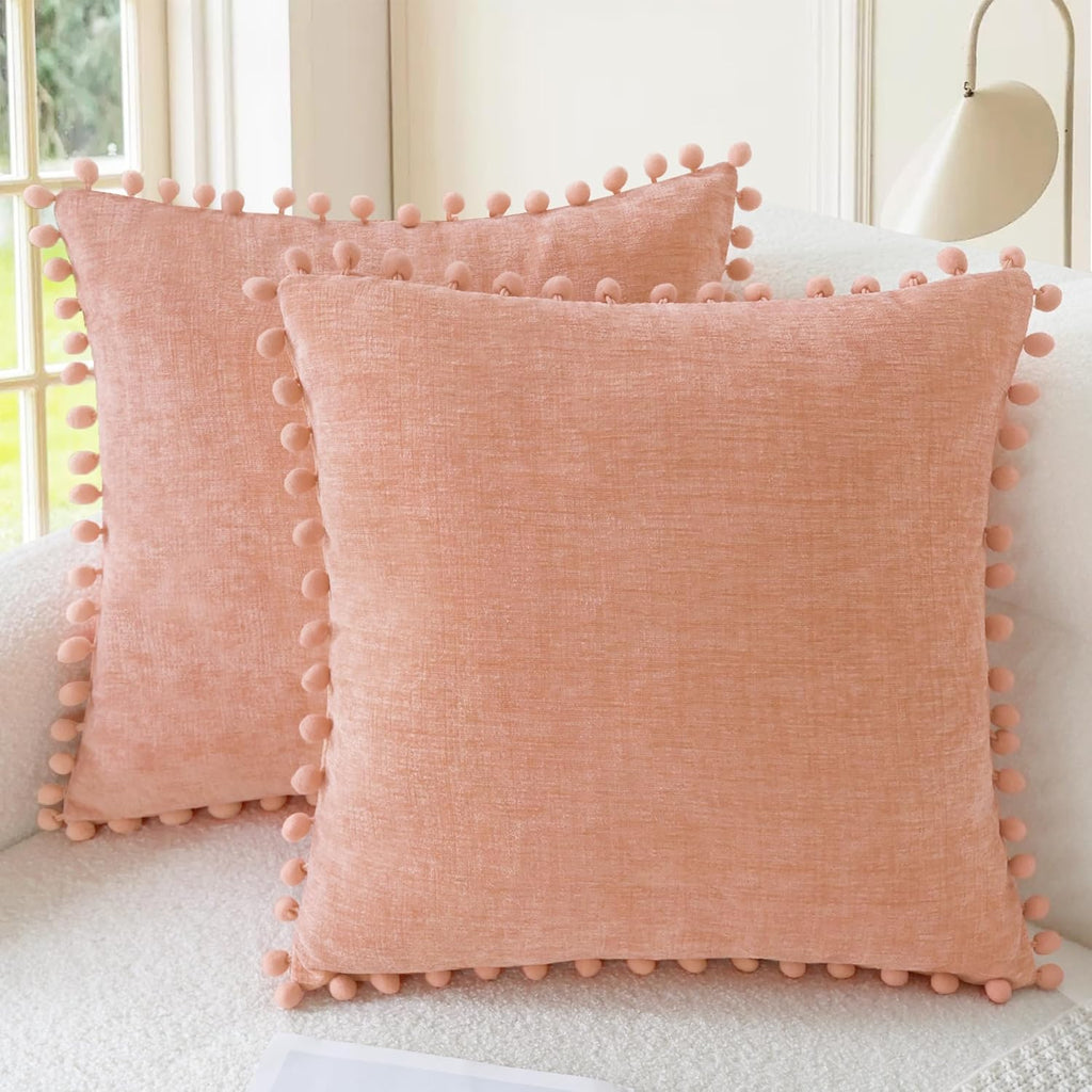 CaliTime Throw Pillow Covers Decorative 22 X 22 Inches Pack of 2 Cozy Solid Dyed Soft Chenille Cushion Cases with Pom Poms for Couch Sofa Bed Living Room Home Dusty Pink