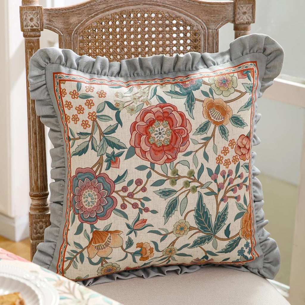 Orange Throw Pillow Covers,Cottage Rustic with Blooming Floral Pattern Linen Pillowcases,Decorative Square Pillows Cushion Covers for Couch Sofa Bed Chair Car,18x18 Inches