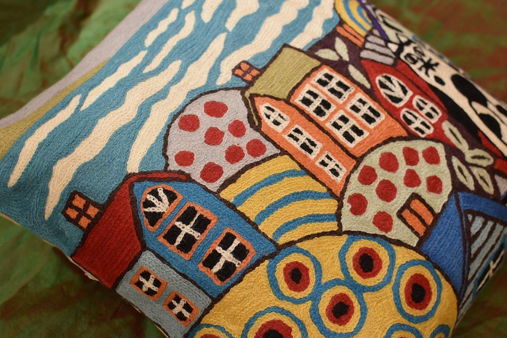 Blue Coastal Throw Pillow Cover | Karla Gerard Seaside Cat Pillow | Folklore Pillowcase | Nautical Chair Cushion | Flower Couch Pillow | Hand Embroidered Cushions Wool Size - 18x18