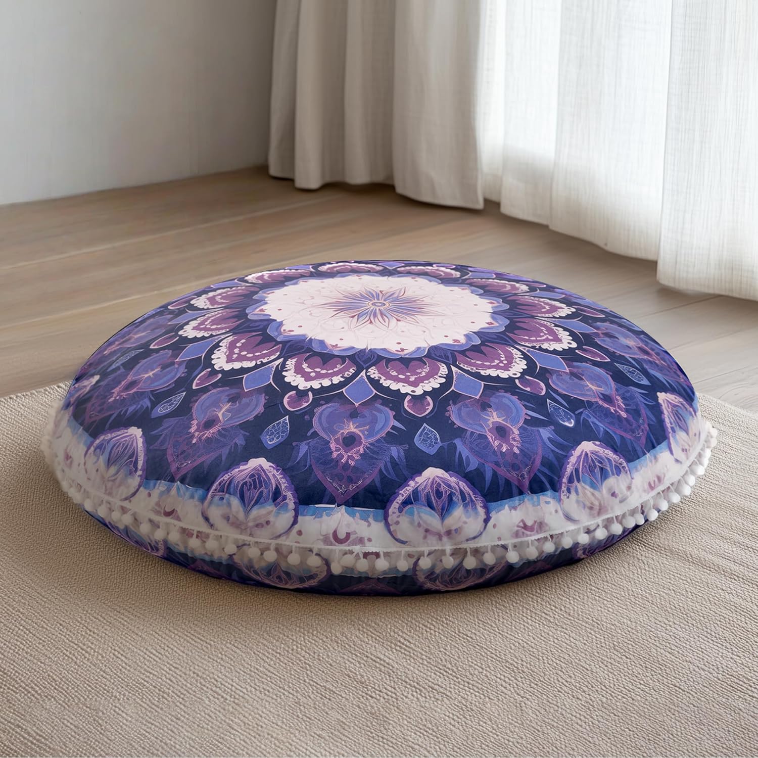 32-Inch Round Meditation Cushion for Adults – Extra-Thick Large Floor Pillow with Premium Filling, Bohemian Mandala Circle Cushion for Yoga, Living Room (1, Purple, Extra Large)