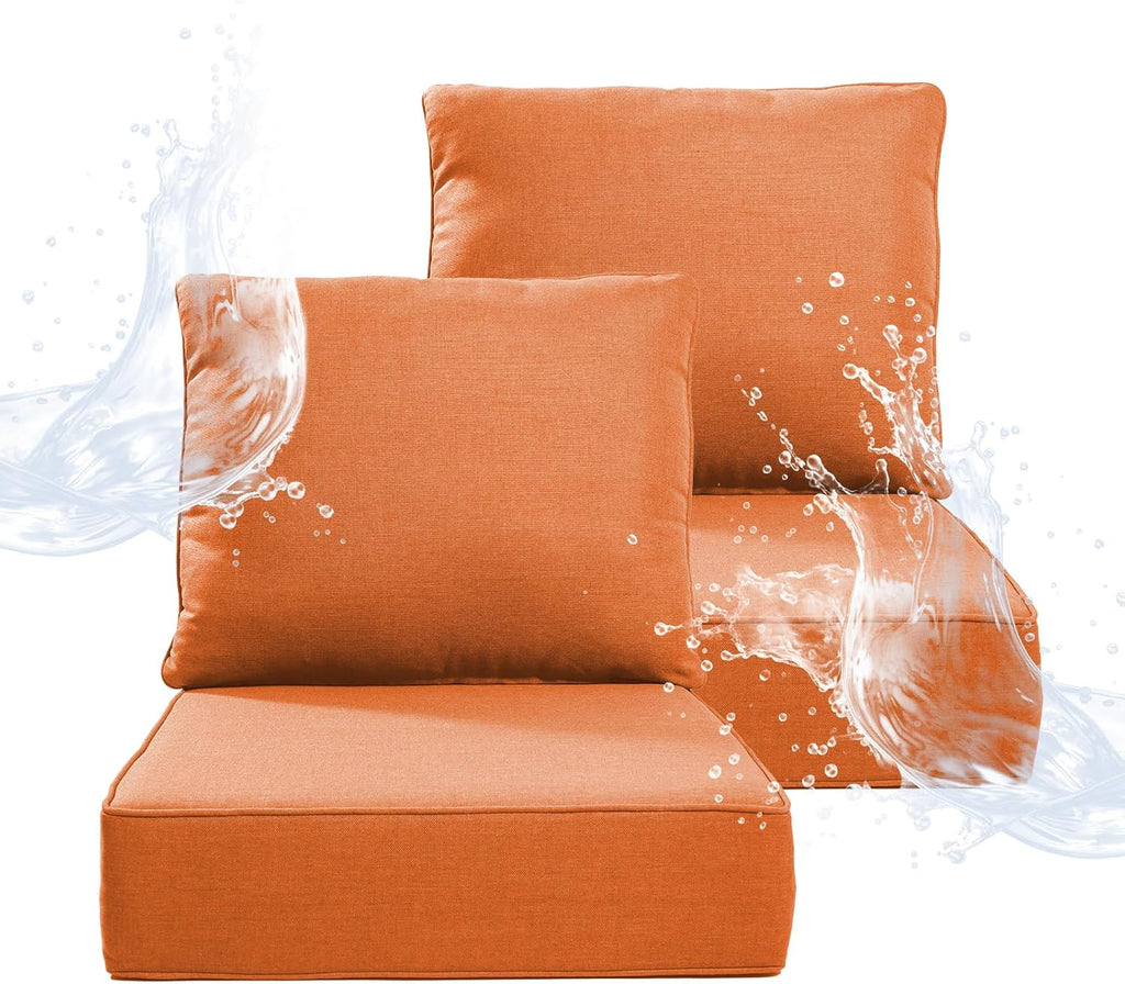 6" Thicker Outdoor Chair Cushion 2 Sets - 24" *24" *6" Waterproof Patio Furniture Cushions with Removable Cover, 28D High Density Sponge Filling Thicken Outdoor Patio Cushions - Orange