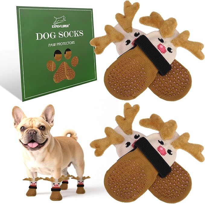 EXPAWLORER Christmas Anti Slip Dog Socks to Prevent Licking Paws, Boots & Paw Protectors with Grippers,Doggie Booties for Hardwood Floors for Small Medium Large Senior Dogs Lifelike Costume Reindeer M