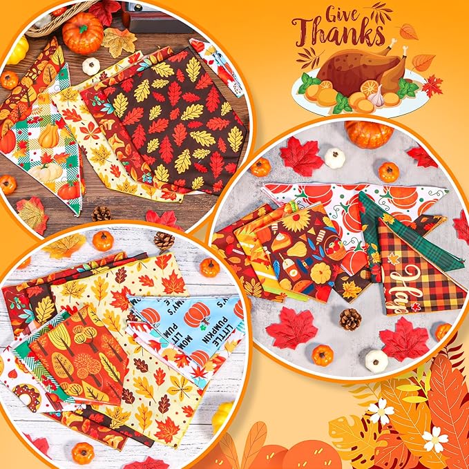 30 Pcs Fall Dog Bandanas Bulk Adjustable Dog Scarves Pumpkin Turkey Puppy Bandanas Autumn Pet Neckerchief Washable Thanksgiving Holiday Bandana for Small Medium Large Dog Pet Grooming Accessories