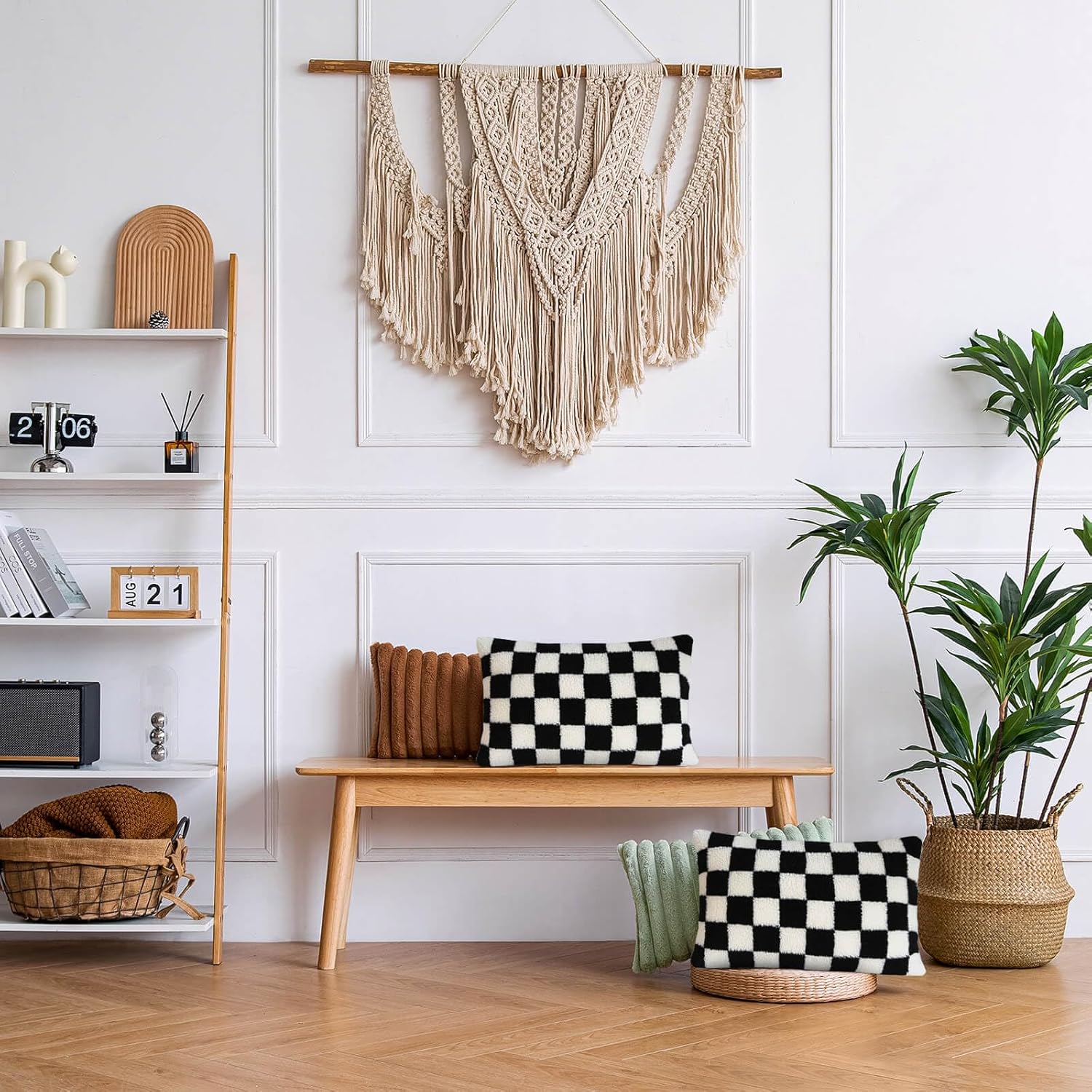 AmHoo Pack of 2 Decorative Throw Pillow Covers Checkerboard Luxury Super Soft Faux Fur Wool Set Case Cushion for Couch Sofa Bedroom 12 x 20-Inch Black